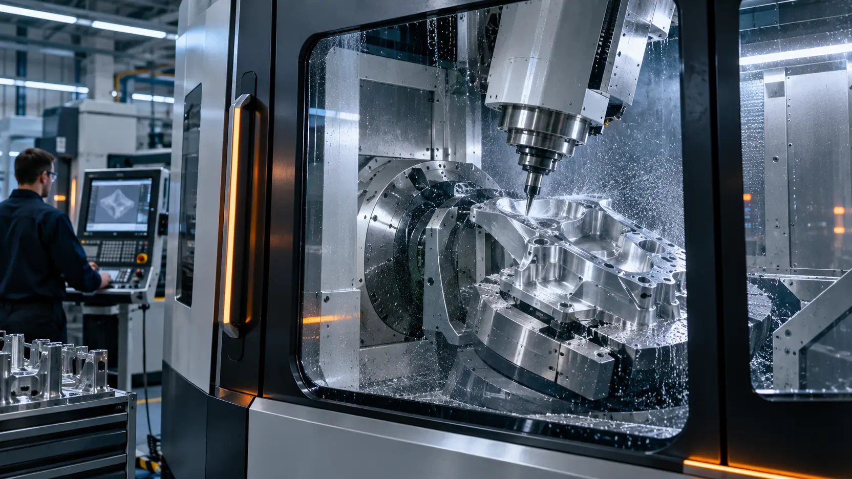 Centre d’usinage CNC 5 axes usinant une pièce aéronautique