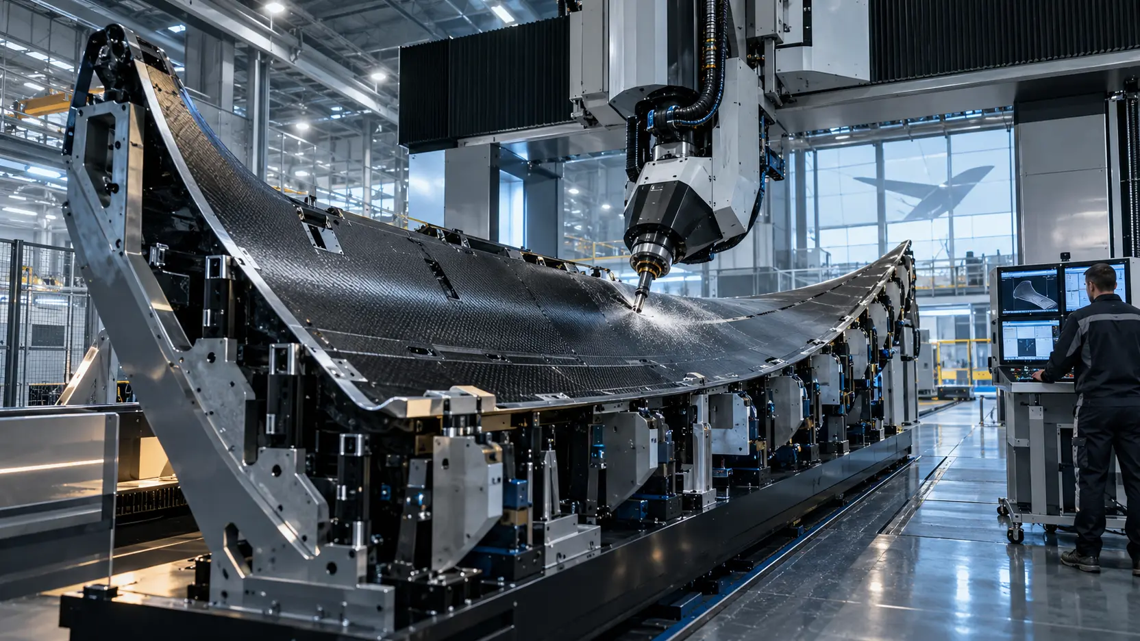Machine CNC spéciale usinant une grande pièce composite