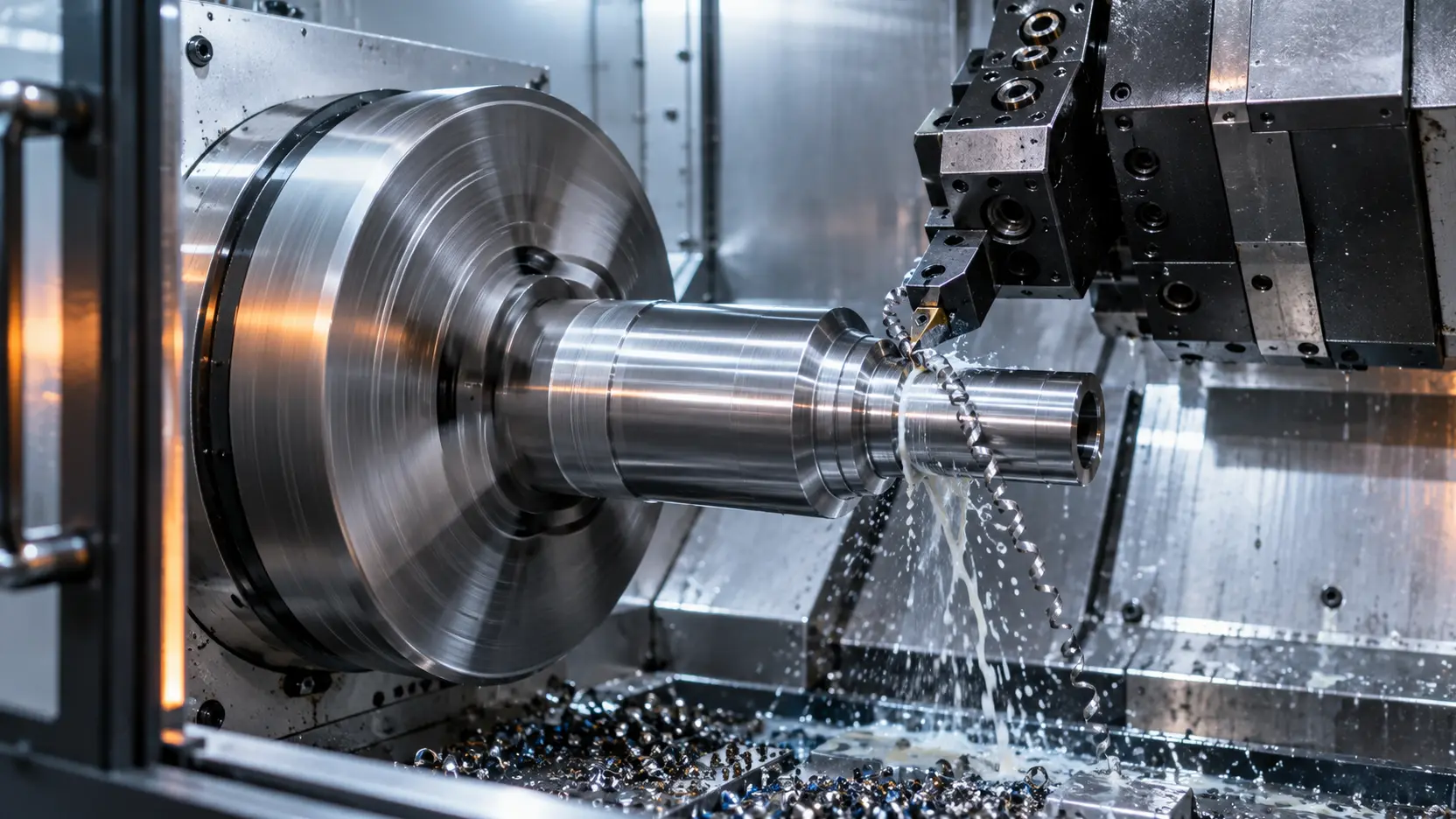 Tour CNC réalisant une opération d’usinage métallique