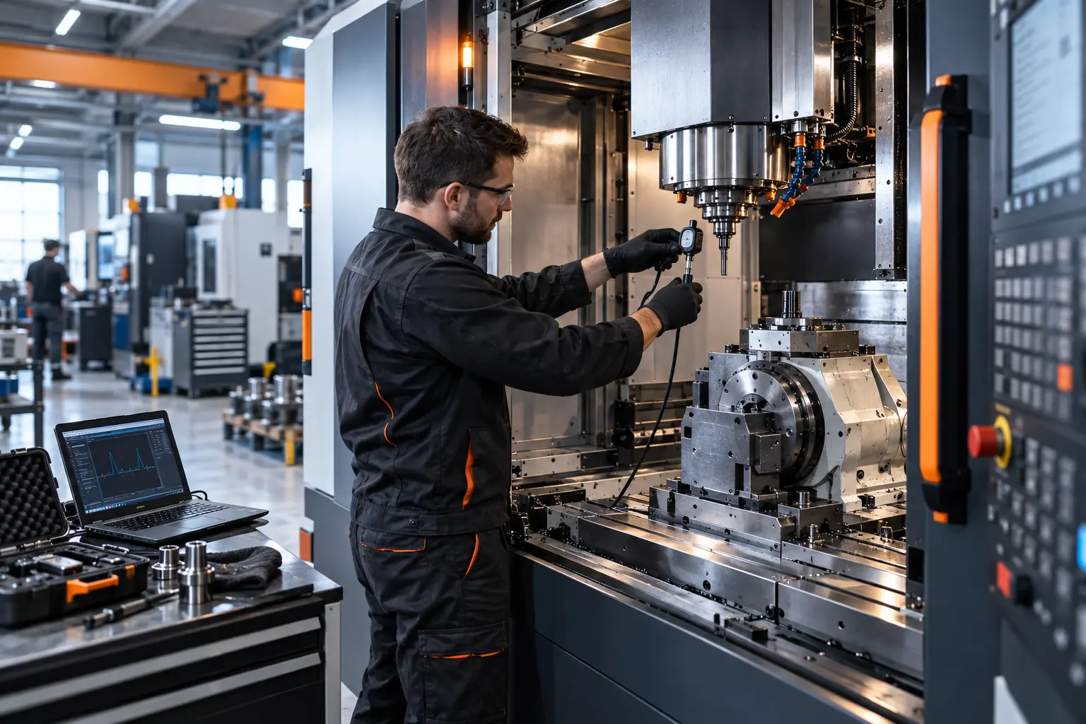 Technicien réalisant un contrôle de précision sur une machine CNC