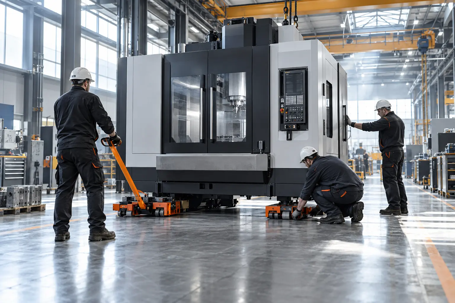 Équipe spécialisée déplaçant une machine CNC en sécurité